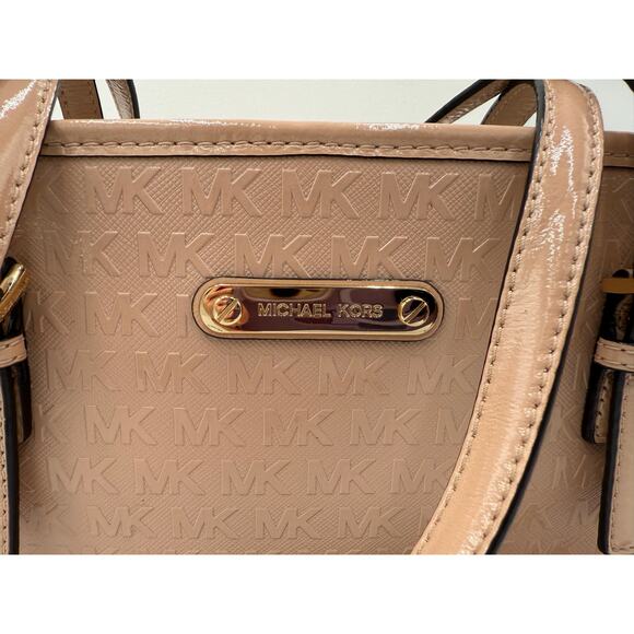 Michael Kors Handbag & Wallet Set Monogram Shiny Peach Tan Leather Gold Plate - Picture 4 of 16